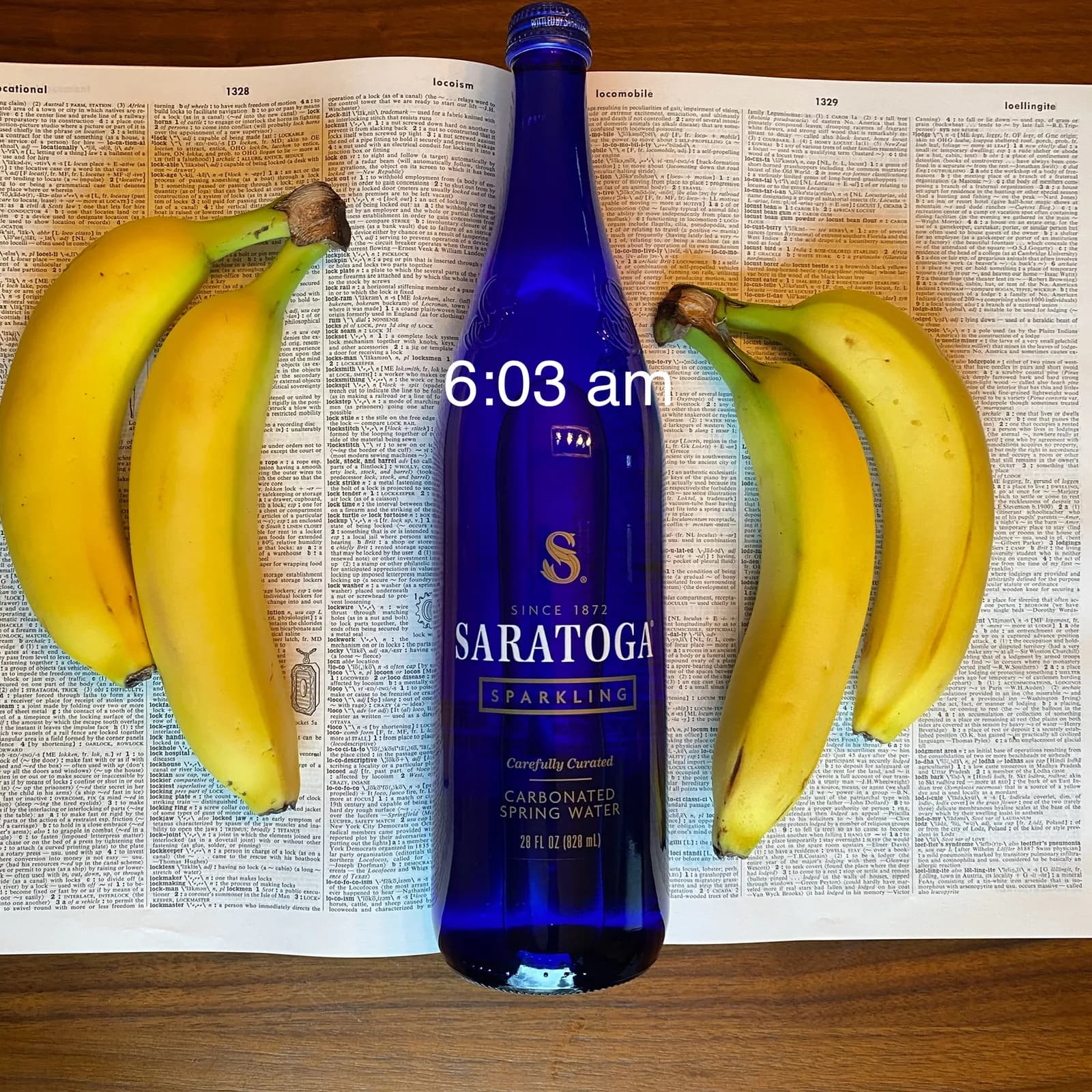 Merriam-Webster's 3rd International Unabridged with Saratoga Water and bananas