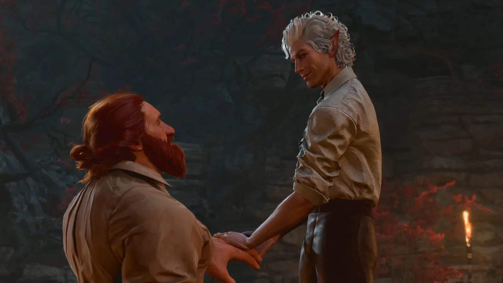 Elf and dwarf holding hands looking at each other