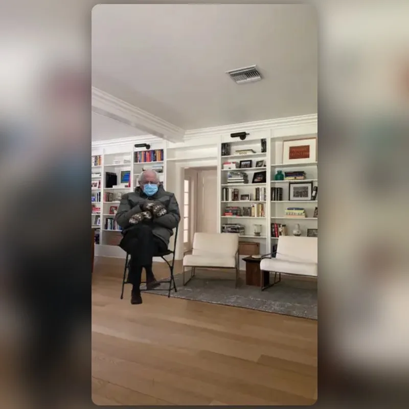 Amélie Tremblay's Little Bernie Snapchat lens, using the seated Sanders cutout.