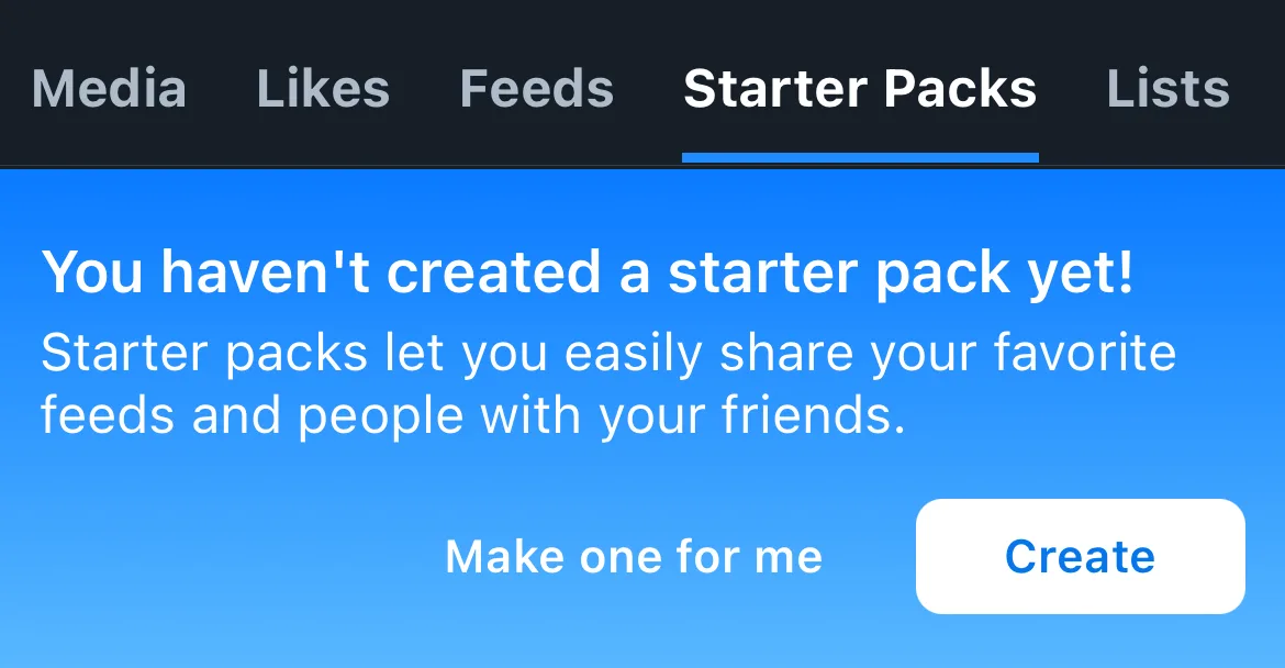 The starter packs tab on a Bluesky profile.