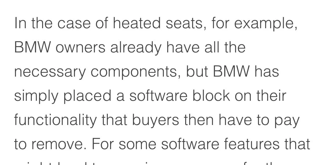 “In the case of heated seats, for example, BMW owners already have all the necessary components, but BMW has simply placed a software block on their functionality that buyers then have to pay to…