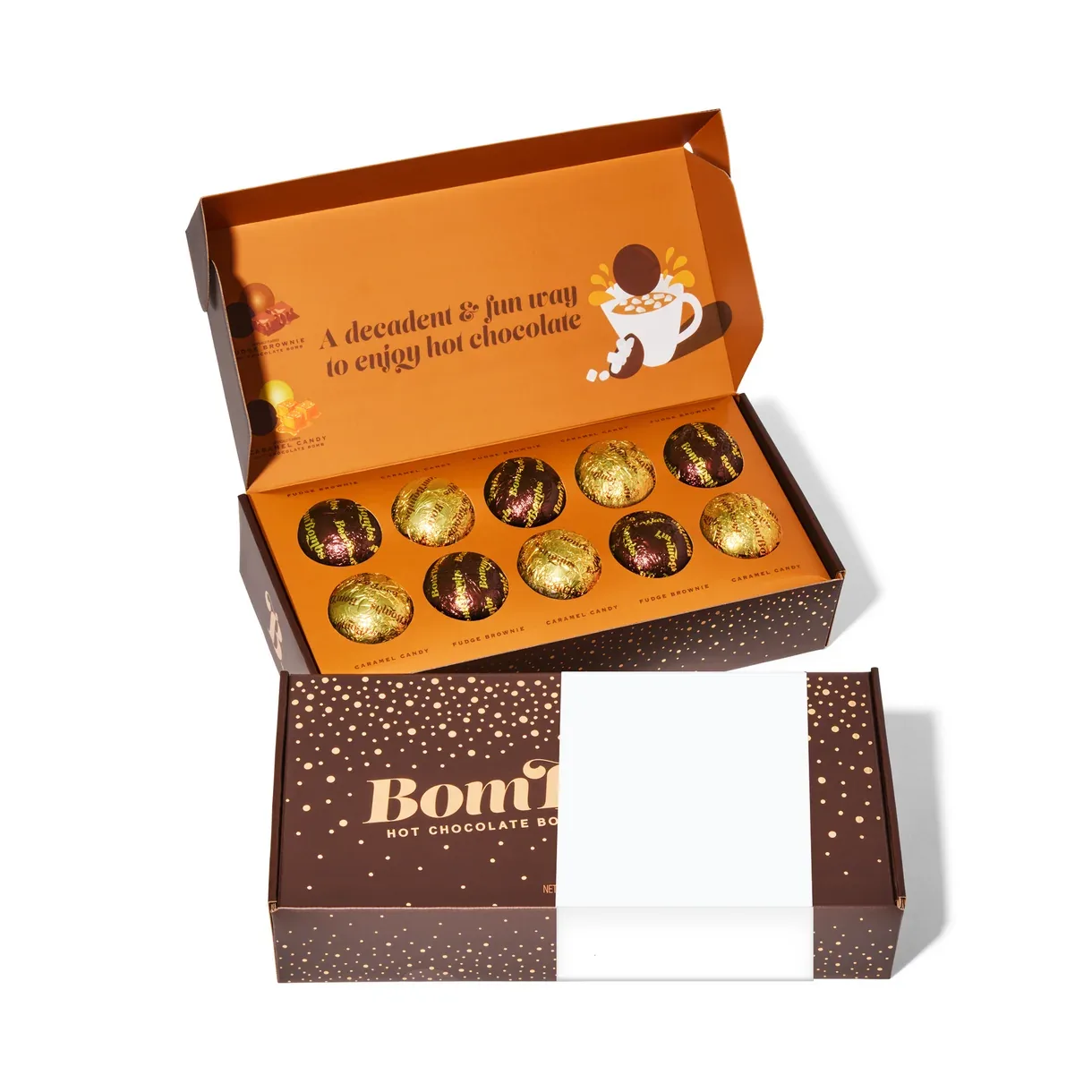 BomBombs ten-piece hot chocolate bomb gift set with its box open.
