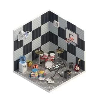 Official Bondee room with musical instruments, books and a basketball hoop.