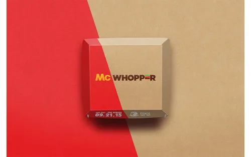 Proposed McWhopper packaging with split Burger King and McDonald’s colours.