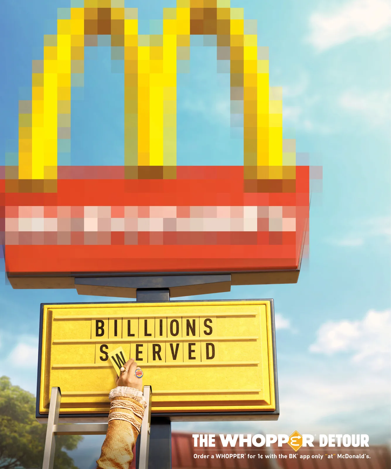 Whopper Detour print creative changed a restaurant sign to Billions Swerved.