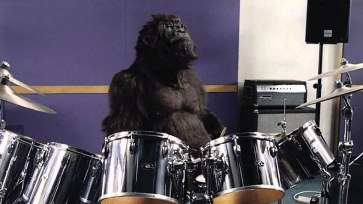 Gorilla seated at a drum kit in Cadbury’s 2007 advertisement. Original 2007 film still on the creating agency’s retrospective portfolio.