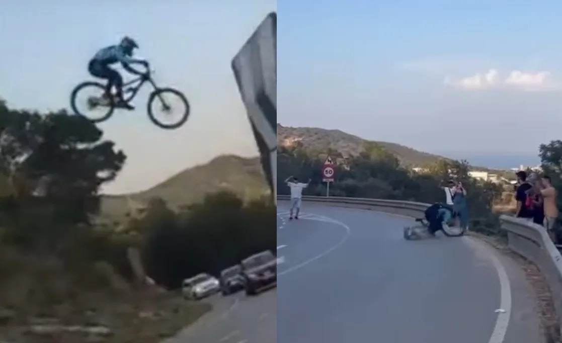 “This is what Red Bull do”: Mountain biker crashes hard during failed jump over busy road as locals brand viral clip “graphic definition of natural selection”; Driver slams “dangerous” cyclist while…