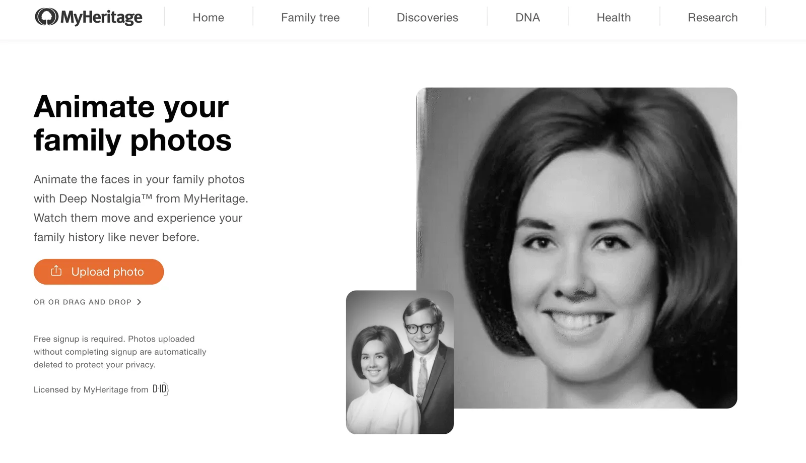 Deep Nostalgia’s launch interface showing the photo upload button and an example animated portrait.