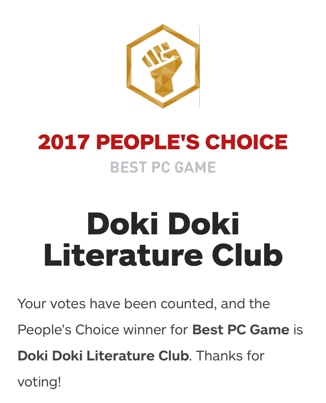 DDLC wins IGN People's Choice for every category