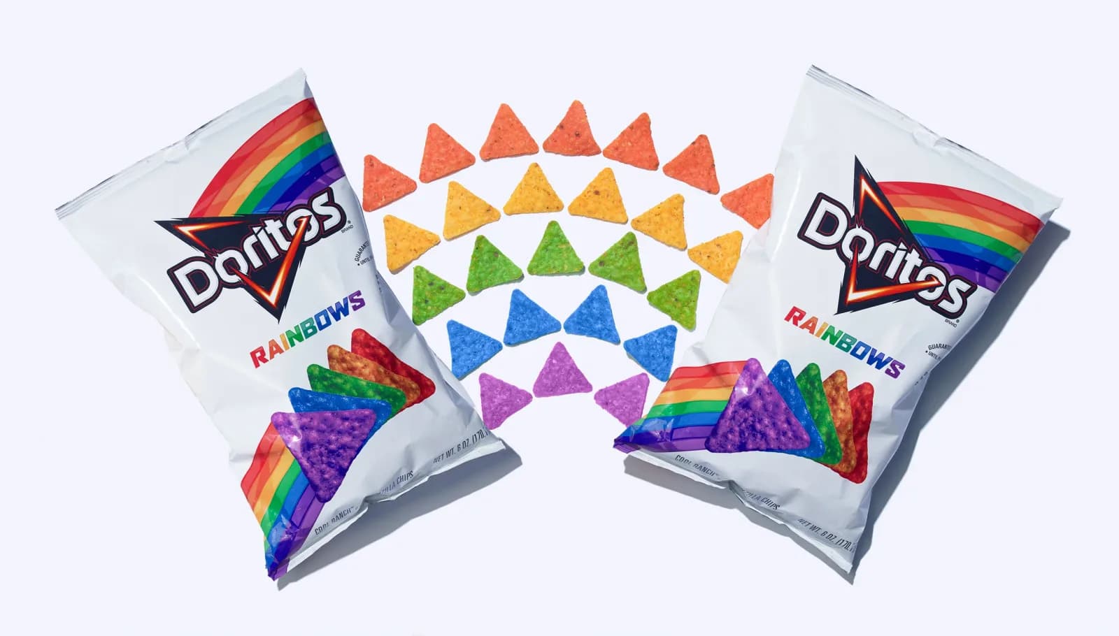 Doritos Rainbows bags beside rows of multicolored chips, from the campaign designer’s portfolio.