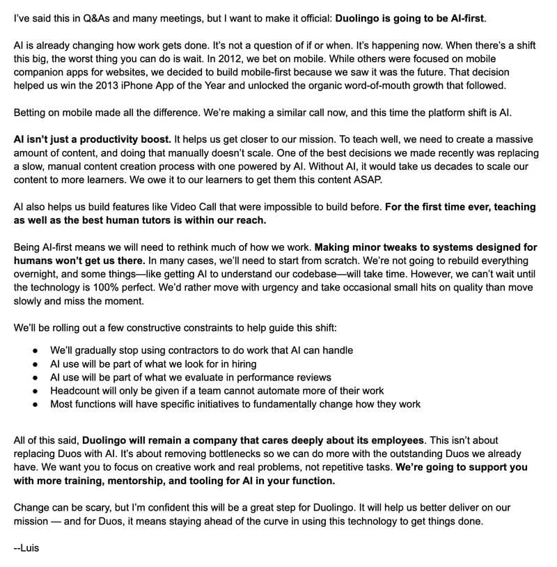 👇🏽 Below is an all-hands email from our CEO, Luis von Ahn – we are going to be AI-first. Just like how betting on mobile in 2012 made all the difference, we’re making a similar call now. This… |…