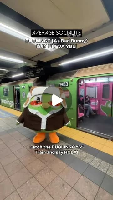 Average Socialite | NYC on Instagram: "@duolingo (as Bad Bunny) is in New York City to help learners get out of their ‘Quitters Day’ slump and pick up a lesson - even when riding the subway. The S…