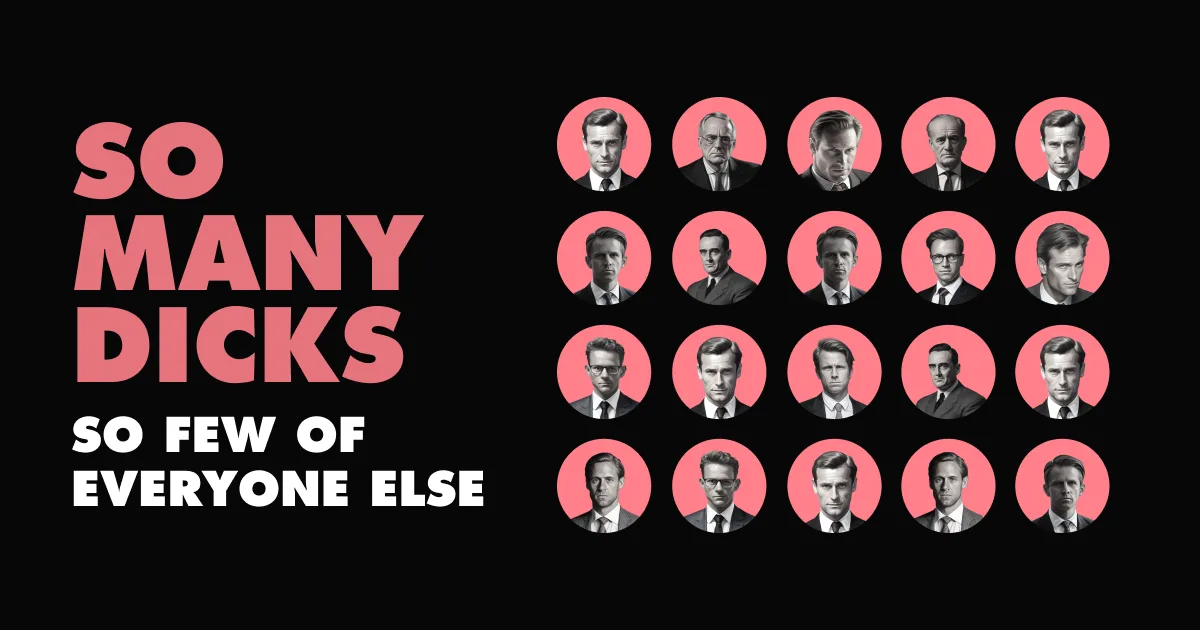 Official So Many Dicks campaign artwork with a grid of male portraits.