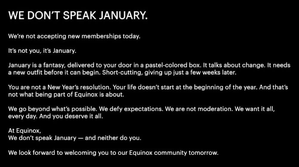 ‘We don’t speak January’ is great from @Equinox - rejecting new memberships today because they see fitness as a long-standing lifestyle not a reactive resolution. Whether you agree, it’s bang on…