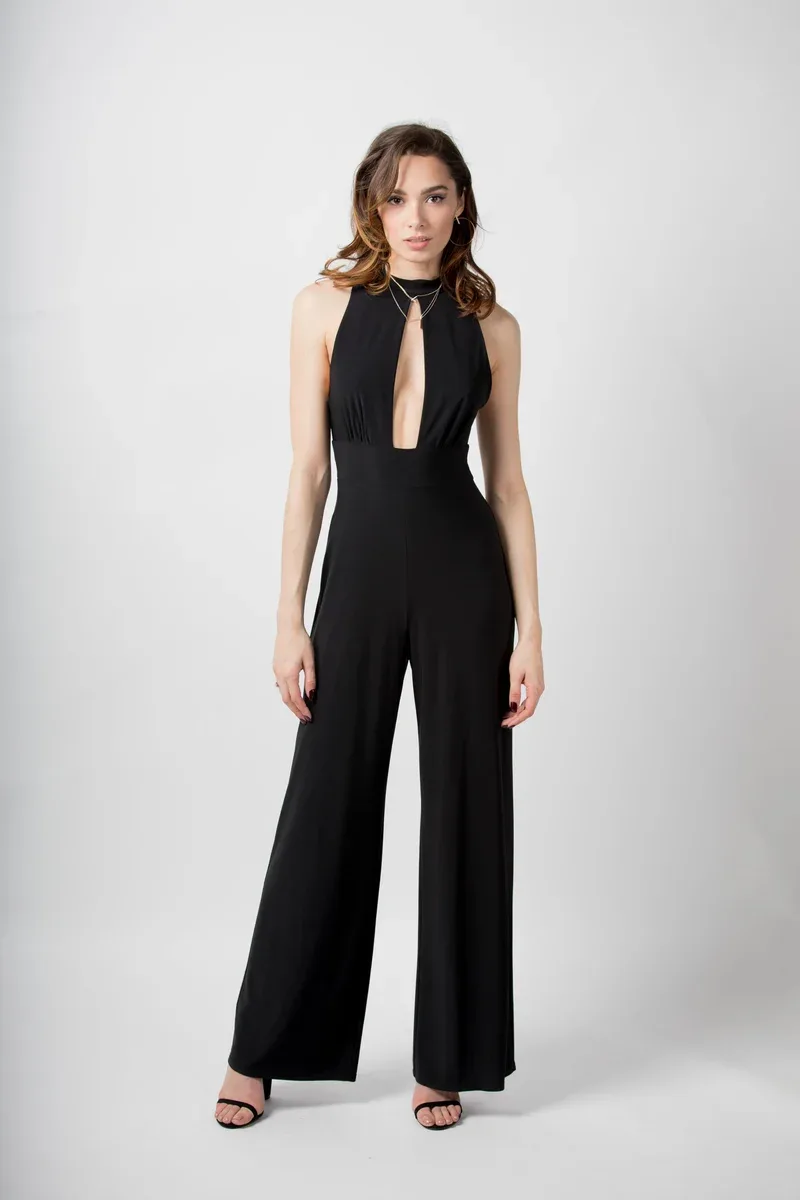 Love’s black backless Fleabag jumpsuit with a keyhole front and wide legs.