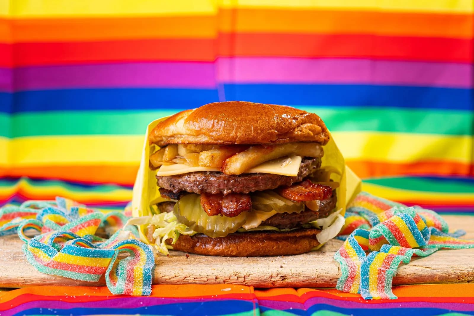 GAY BURGER NOW AVAILABLE IN LA, SF & NYC on DoorDash, Postmates, GrubHub. @GayBurgerCo 😭🌈🍔