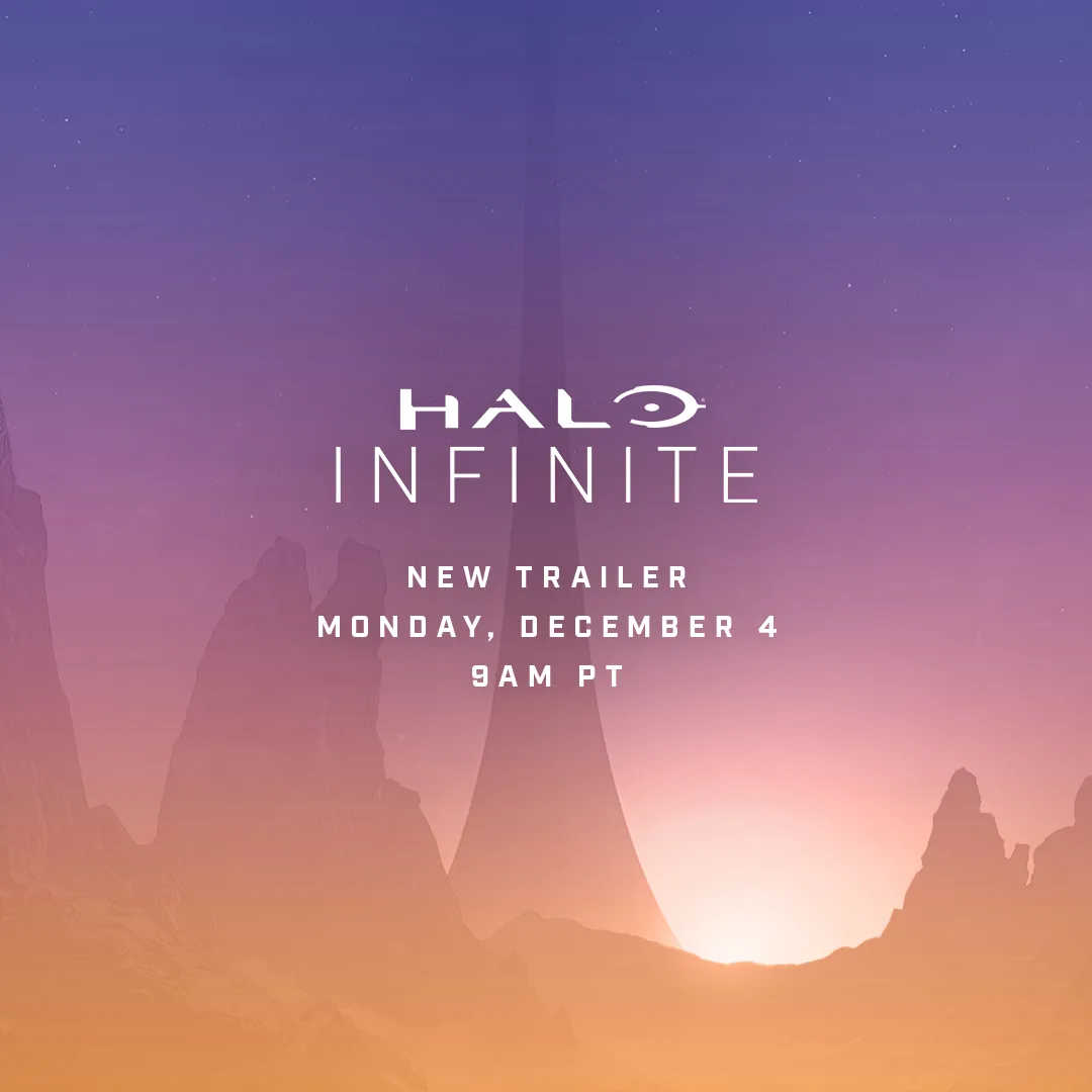 An image of a Halo ring during sunset. Text reads: Halo Infinite New Trailer Monday, December 4 9am P T