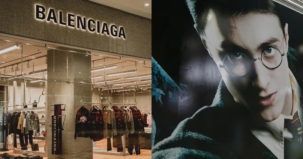 On the left: an image of a Balenciaga store sign above glass windows looking into a store. On the right: a Harry Potter film poster.