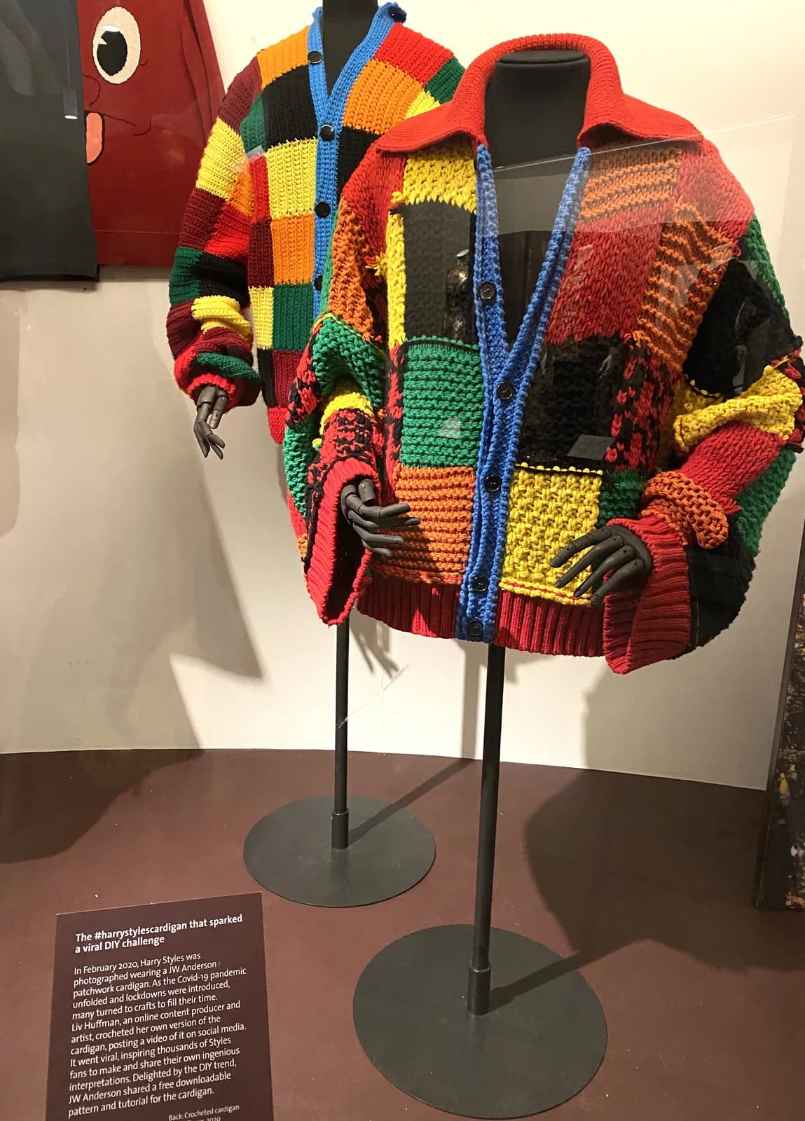 Harry Styles’ JW Anderson patchwork cardigan displayed at the Victoria and Albert Museum.