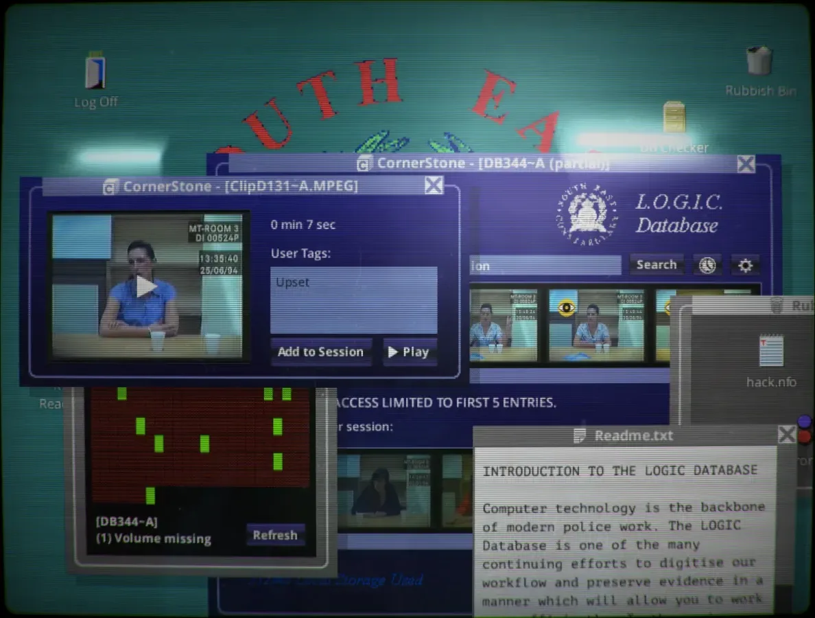 The police database interface and an interview clip in Her Story.