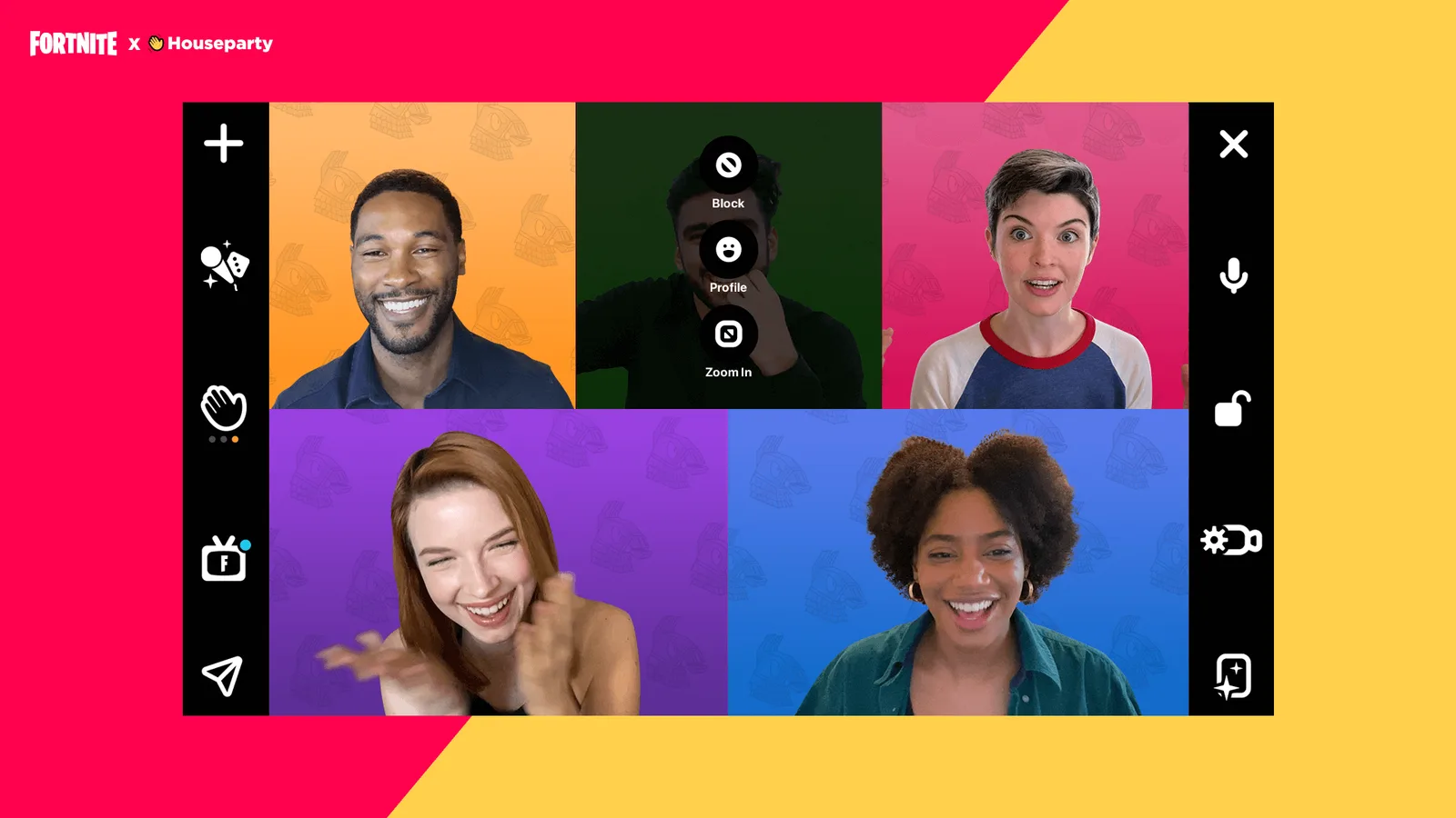 Houseparty group video chat with the block, profile and zoom controls open.