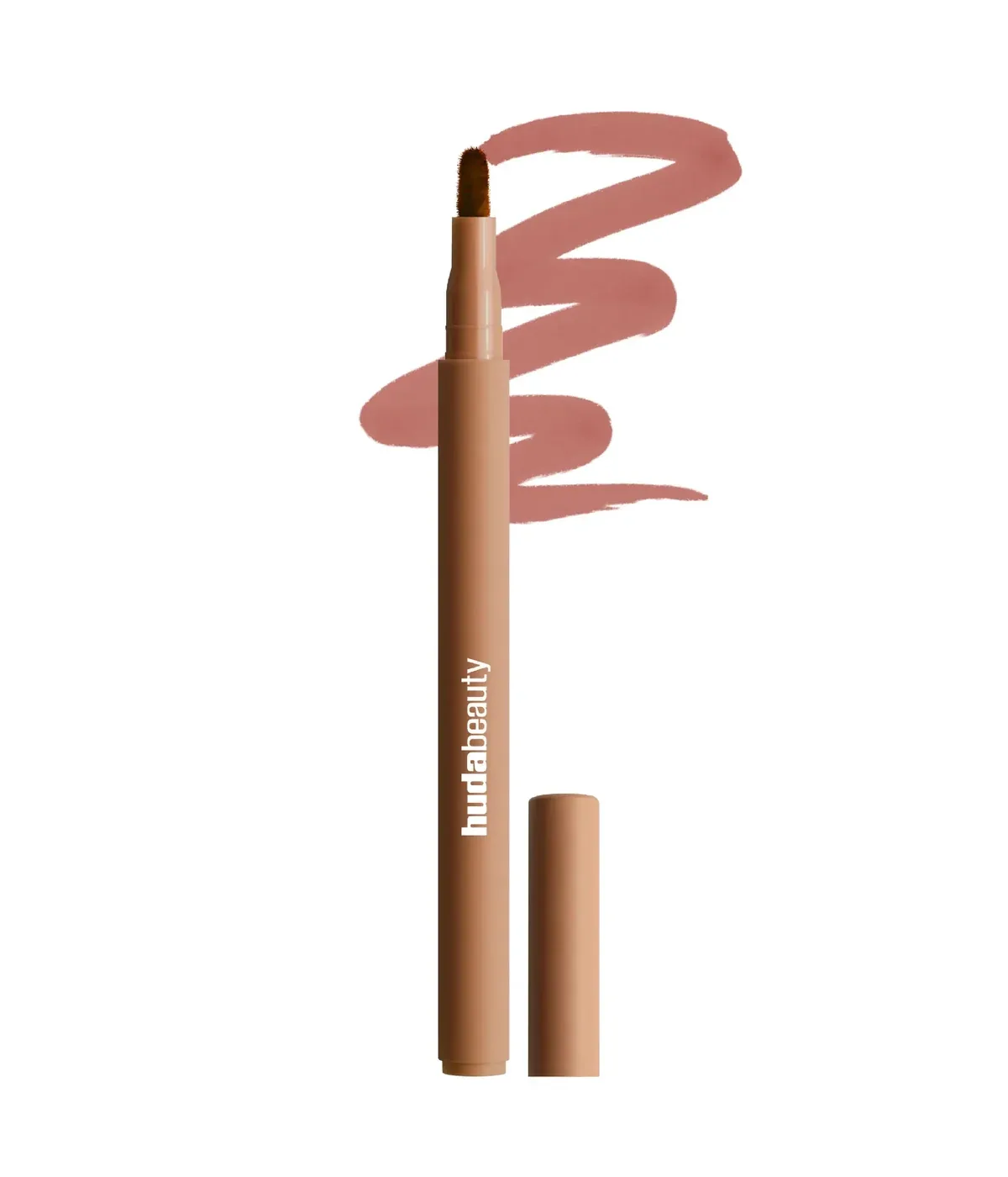 Huda Beauty Lip Contour Stain in Soft Nude, lip stain pen with cap and a swatch stroke, on a white background