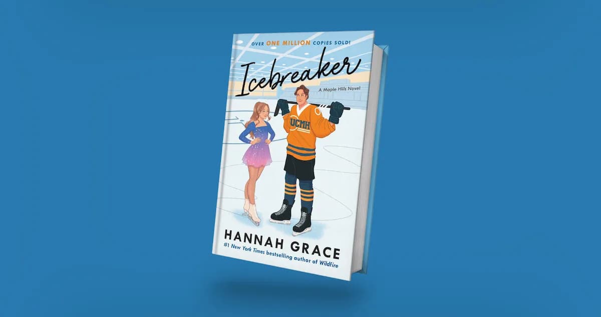 Book cover of "Icebreaker" by Hannah Grace features a female figure skater and a male hockey player standing together on an ice rink, with bright colors and a blue background.