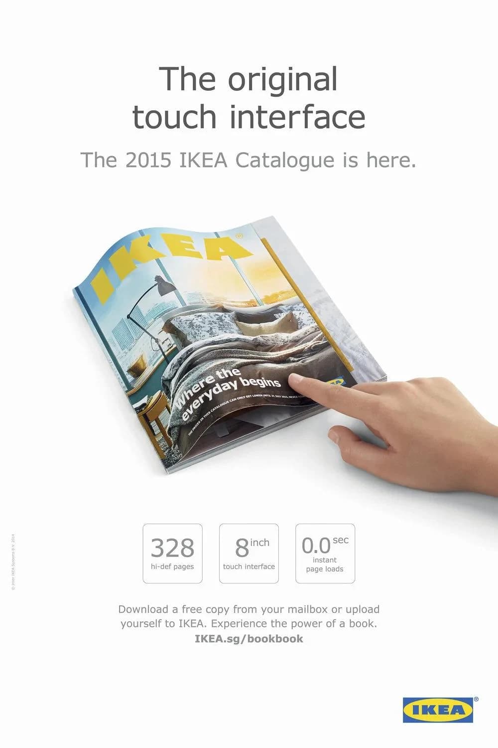 IKEA Bookbook 2015 catalogue advertisement: the original touch interface. Contemporary campaign creative, preserved in a later creator portfolio.