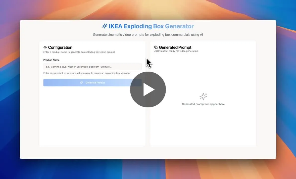 I made a simple bursting-box Ikea video prompt generator with Lovable. 1) choose a product e.g. Playstation or Tesla Cybertruck 2) get a prompt ready for Veo 3 3) Run in fal or Runware Enjoy… |…