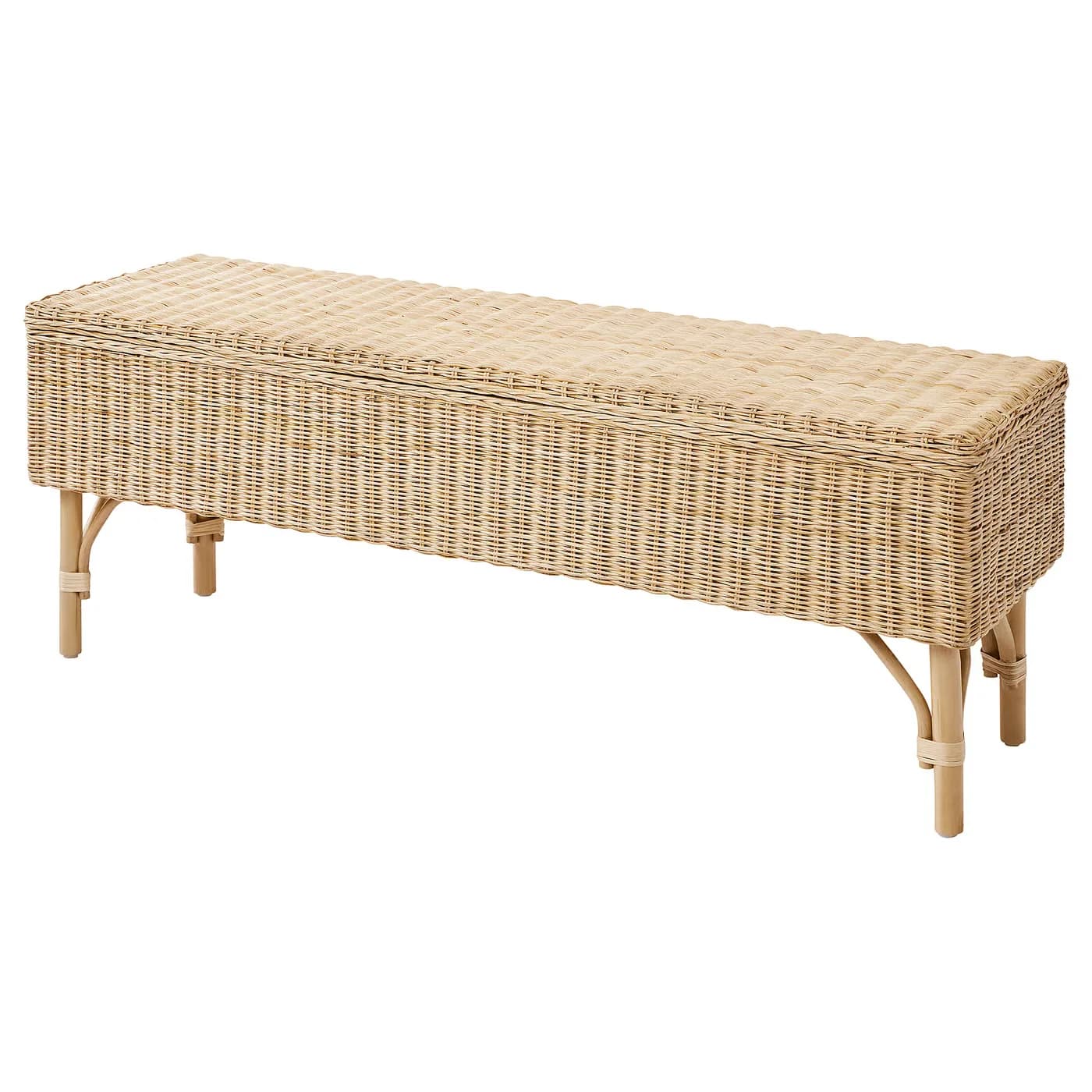 The TOLKNING handmade rattan bench with storage shown in the Australian ad.