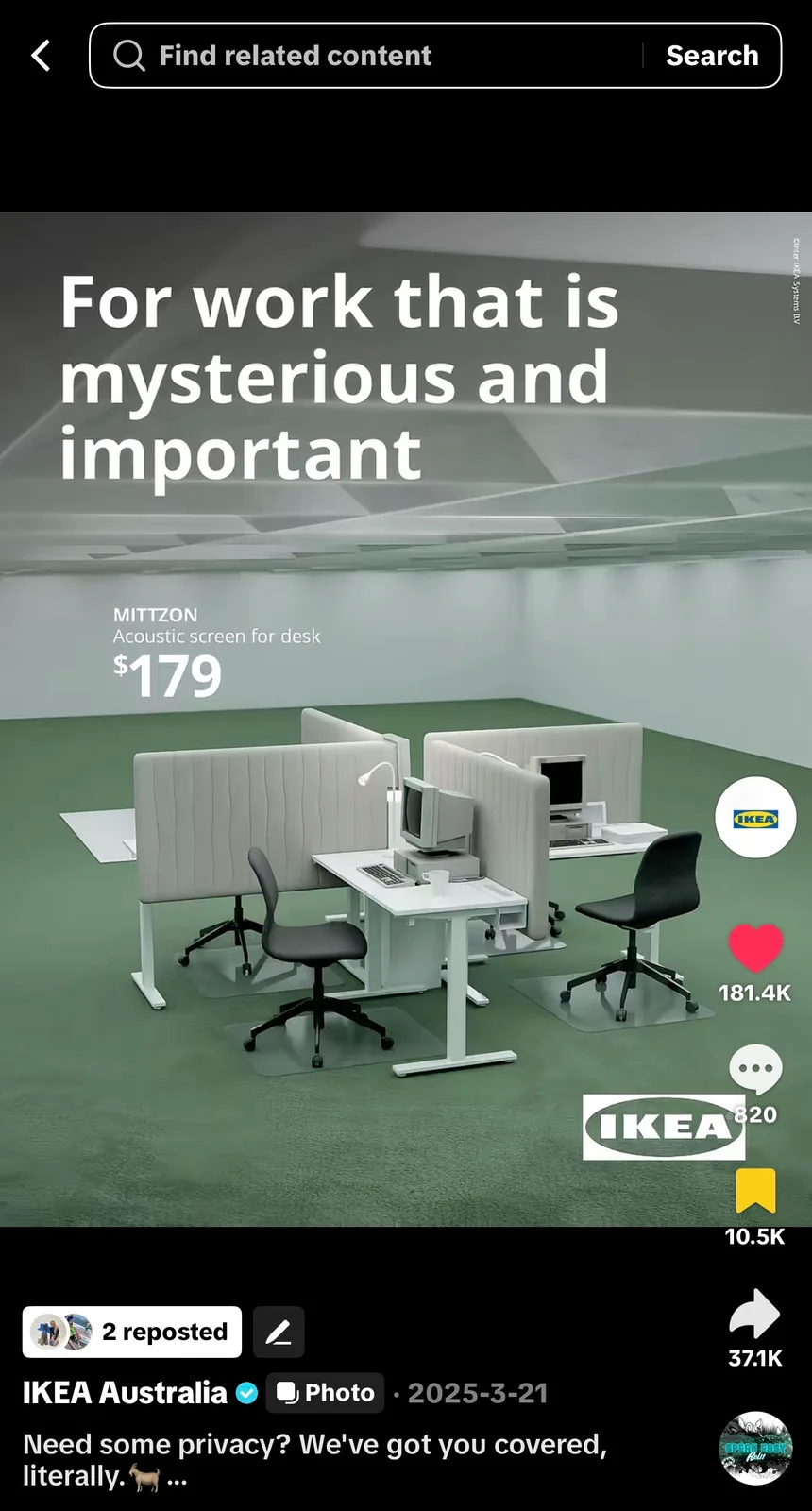 IKEA Australia’s March 21 TikTok photo post showing the rendered Severance office.