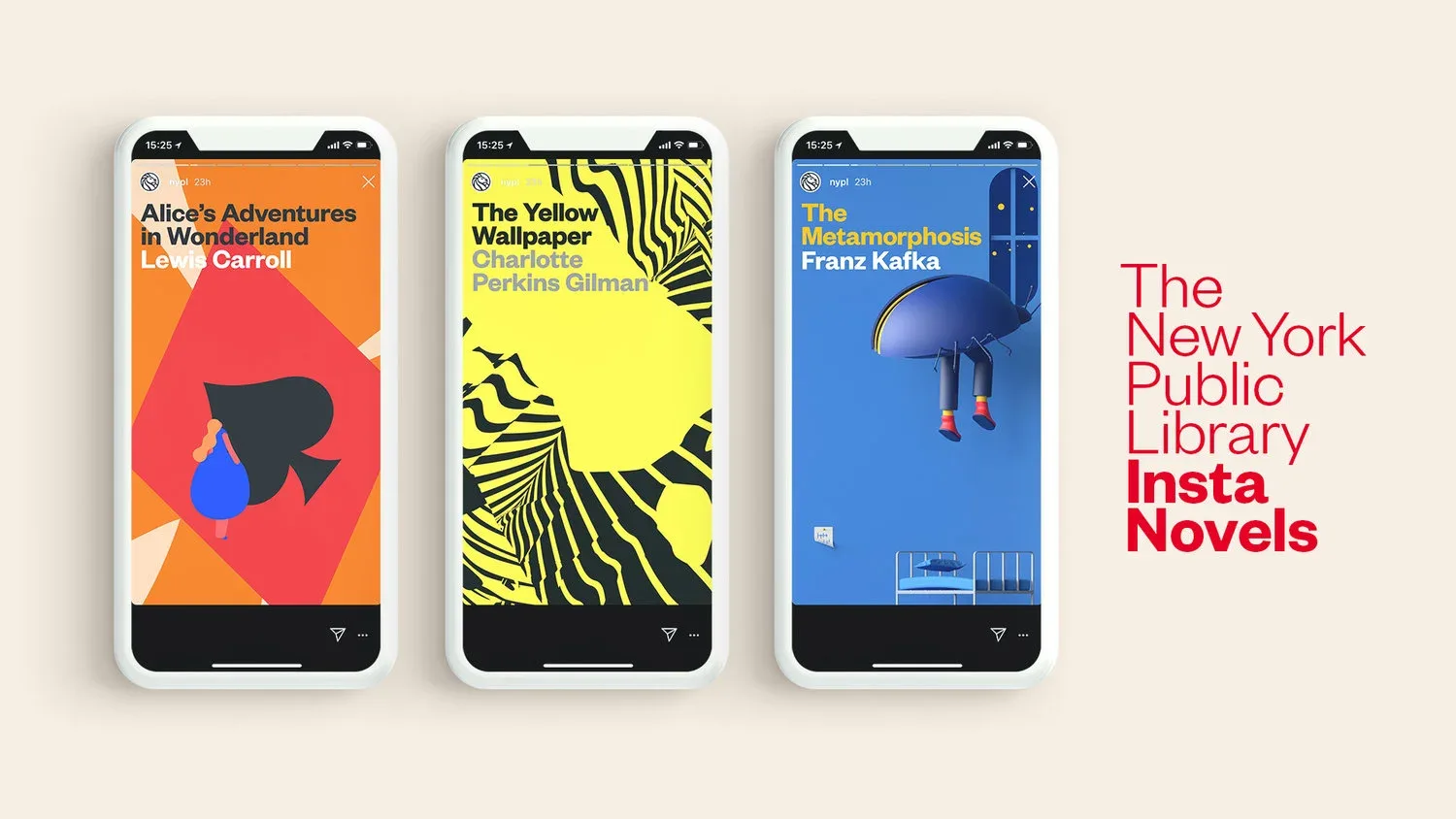 Phone screens showing the Alice, Yellow Wallpaper and Metamorphosis Insta Novels covers.
