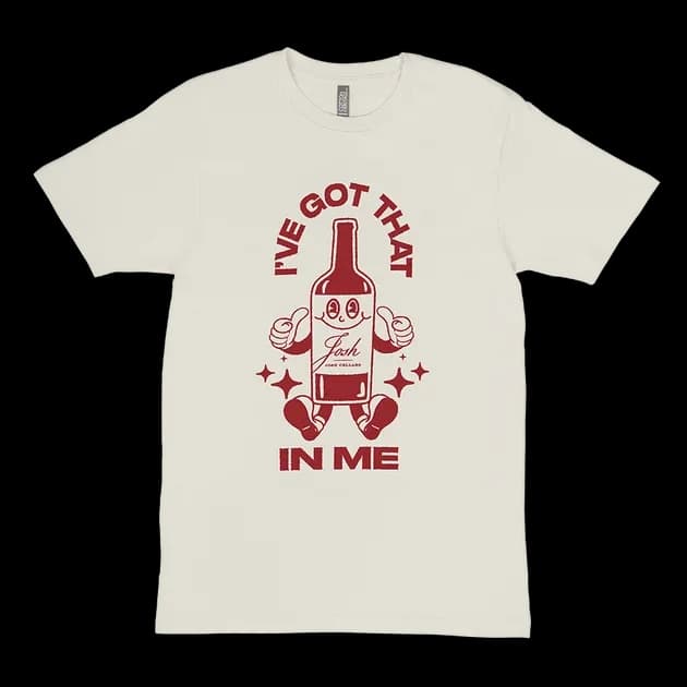 White t-shirt with red graphic design and text on a white background