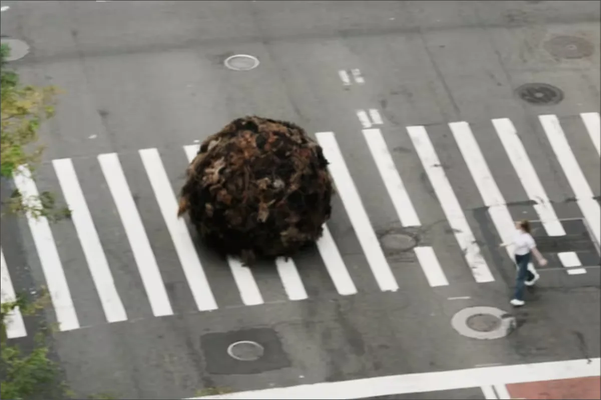 La bola gigante hecha de cabello humano real rodó por diversas calles de Manhattan, en Nueva York, y causó asombro en los peatones