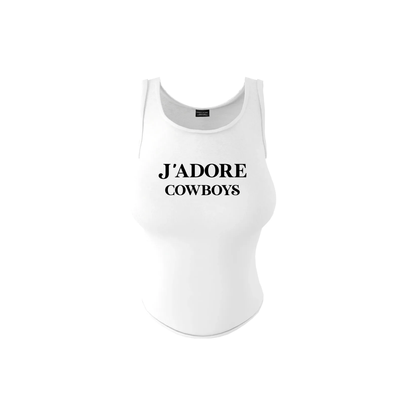Current white J’adore Cowboys tank from Cowboys of Habit; the listing describes an un-ribbed tank.