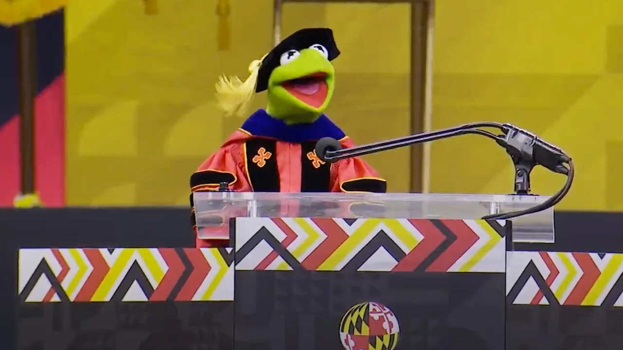 Kermit The Frog addresses graduates at the 2025 Commencement ceremony at the University of Maryland, College Park, on Thursday, May 22, 2025.