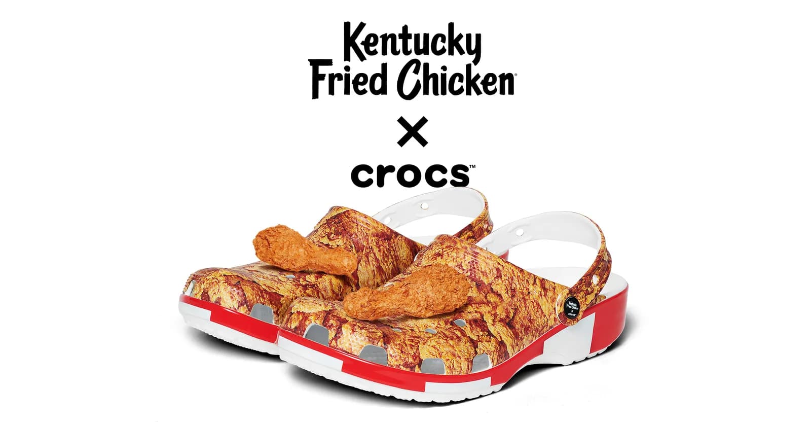 KFC x Crocs Classic Clogs with fried chicken prints and drumstick charms.