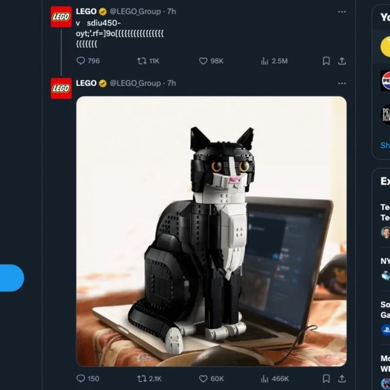 What an awesome tweet from the LEGO Group. 1. scrambled tweets gain traction because followers assume you got hacked 2. used a human experience: cat on the keys. 3. doesn't sell you hard, just…