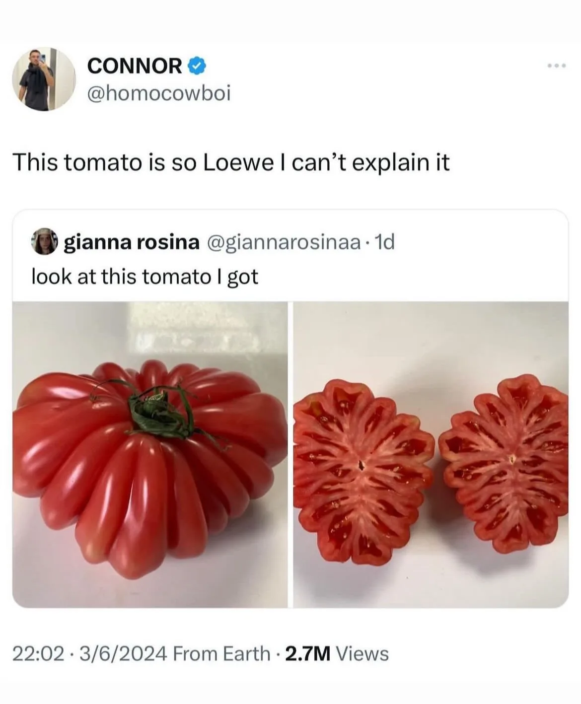Jonathan Anderson reveals an heirloom tomato clutch just days after a viral tweet about an heirloom tomato being “so Loewe.” Apparently this is not record meme-to-reality timing: Jonathan told me…