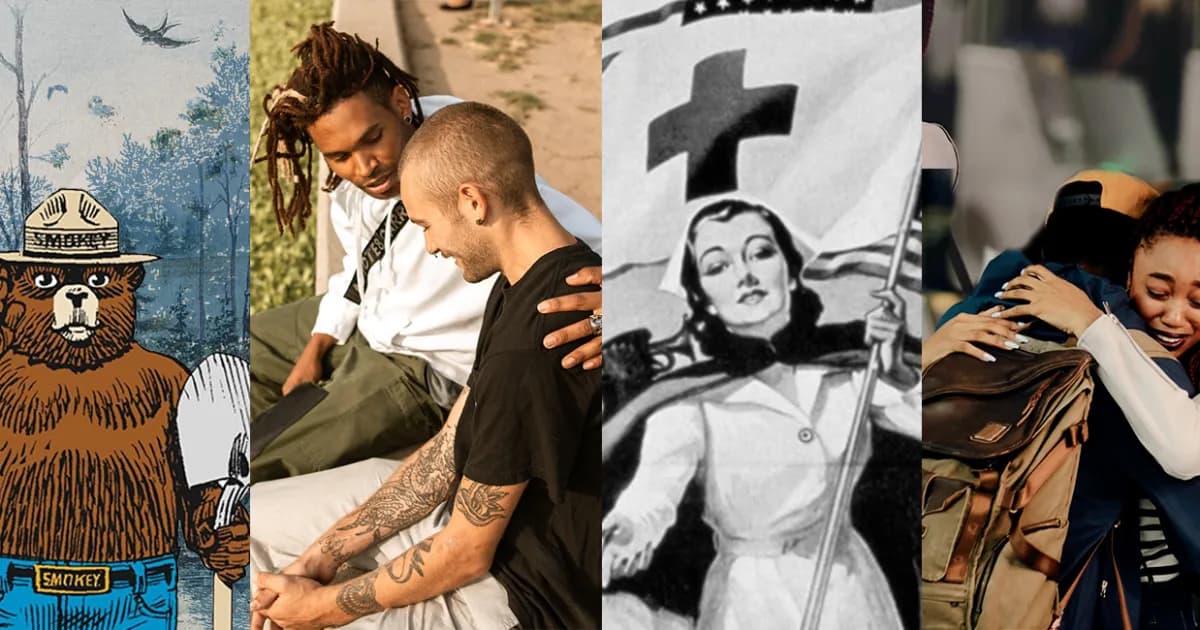 A collage of Smokey Bear, a man with his arm around another man, a black and white image of a woman holding a Red Cross flag, and two people embracing in a hug