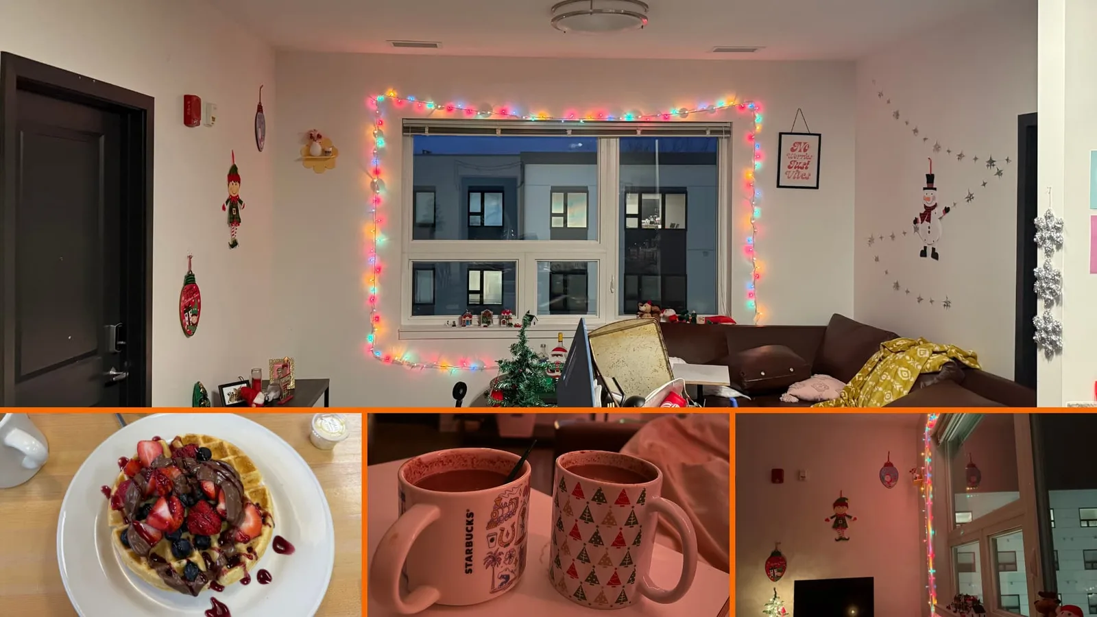 collage of photos showing a plate of food and Christmas lights stringed up in an apartment
