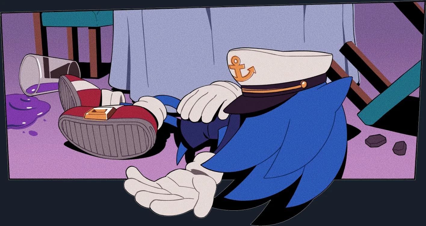Sonic the Hedgehog lies dead on the floor next to what was a delicious, purple, milkshake-like drink that's spilled everywhere! Whoopsie!
