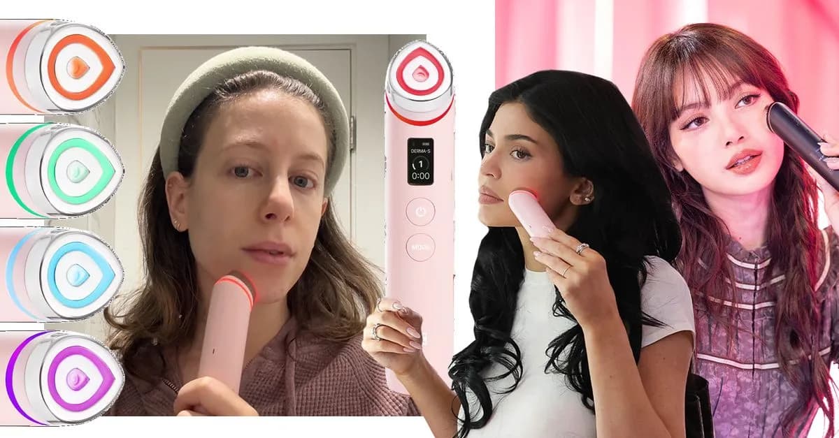 Photo collage of Jamie Schneider, Kylie Jenner, and Lisa using the Medicube Booster Pro