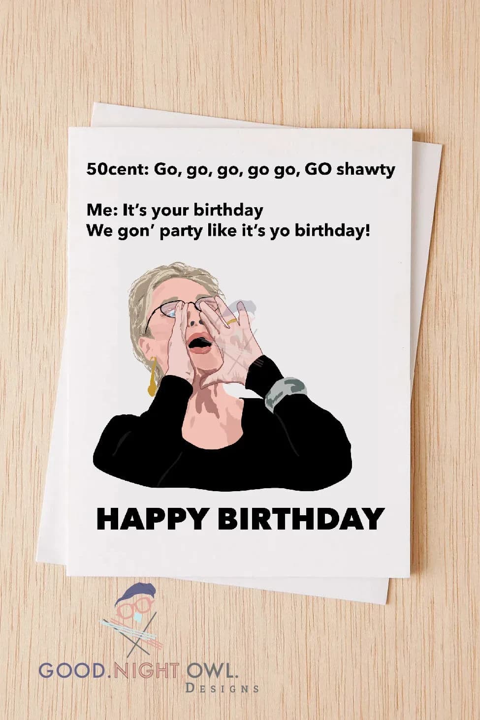 GNODpop greeting card illustrating the shouting Streep meme.