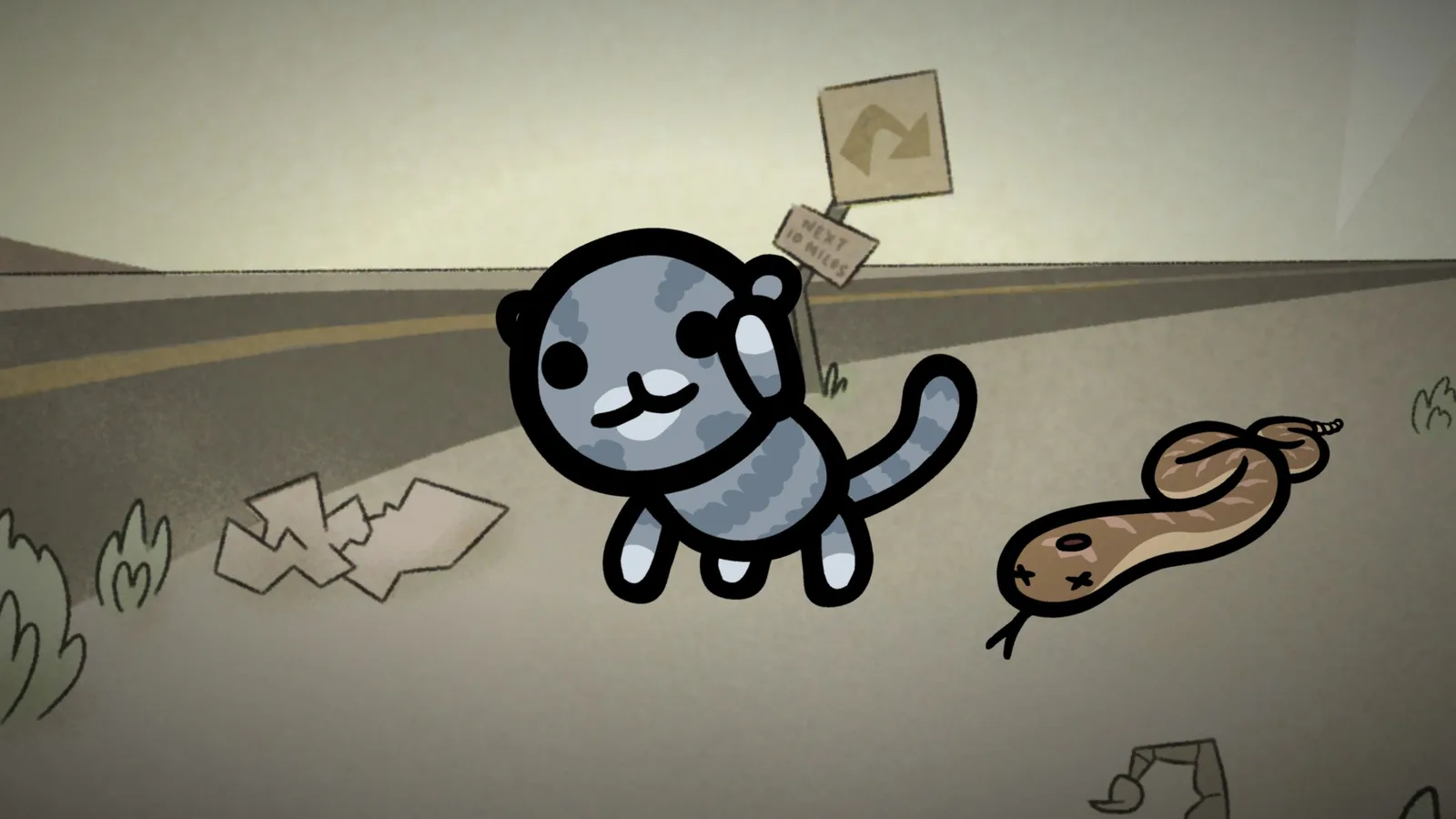 Mewgenics Desert Heat Wave: A blue cat next to a road in the desert waving, stood next to a dead snake.
