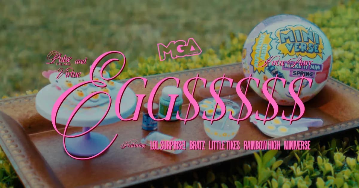 A wooden tray on a hedge with various miniature toy food items and a colorful "Miniverse" toy ball. Large, vibrant pink script text across the center reads MGA "EGGSSSSS"