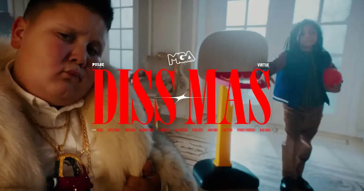 The young influencer known as "The Rizzler" is wearing a fur coat and heavy gold chains looks into the camera with a serious expression in a luxury home. Large, elegant red text in the center reads…