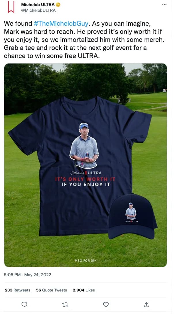 Michelob’s May 24 announcement showing the Radetic T-shirt and hat, preserved in a campaign portfolio.