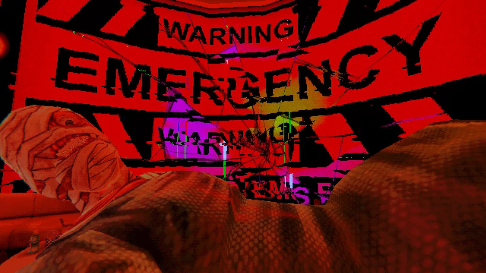 Official gameplay screenshot of Curly lying beneath emergency warning displays