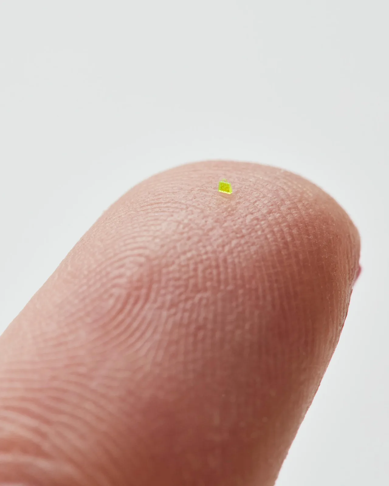 MSCHF’s fluorescent microscopic handbag resting on a fingertip